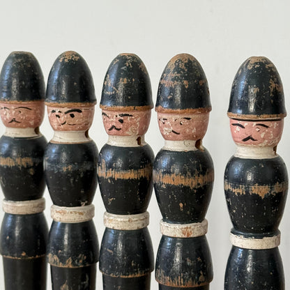 Vintage Wooden Skittles Set Hand Painted Policemen 9 Pins