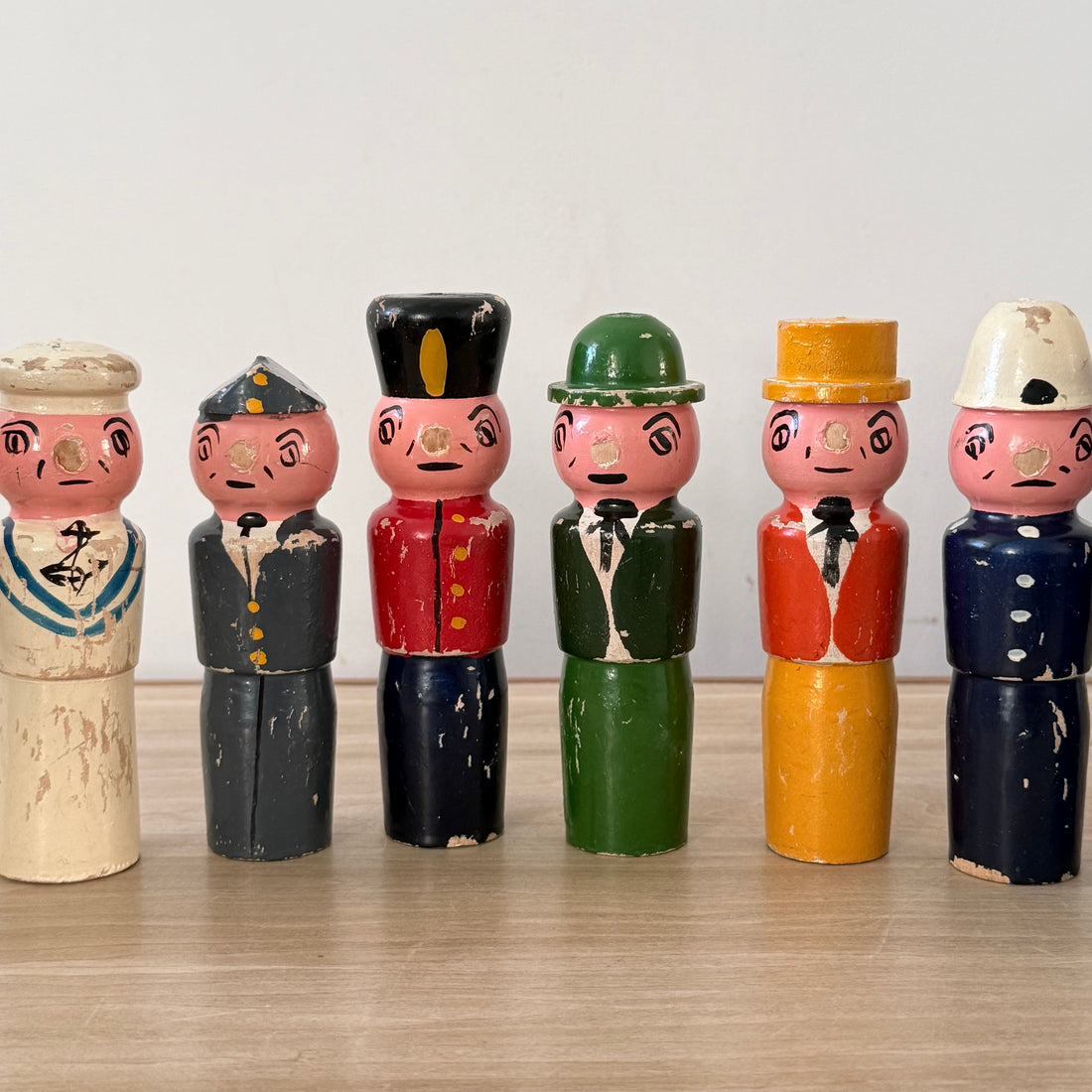 Vintage Wooden Character Skittles Set 10 Pins Hand Painted Figures Ball