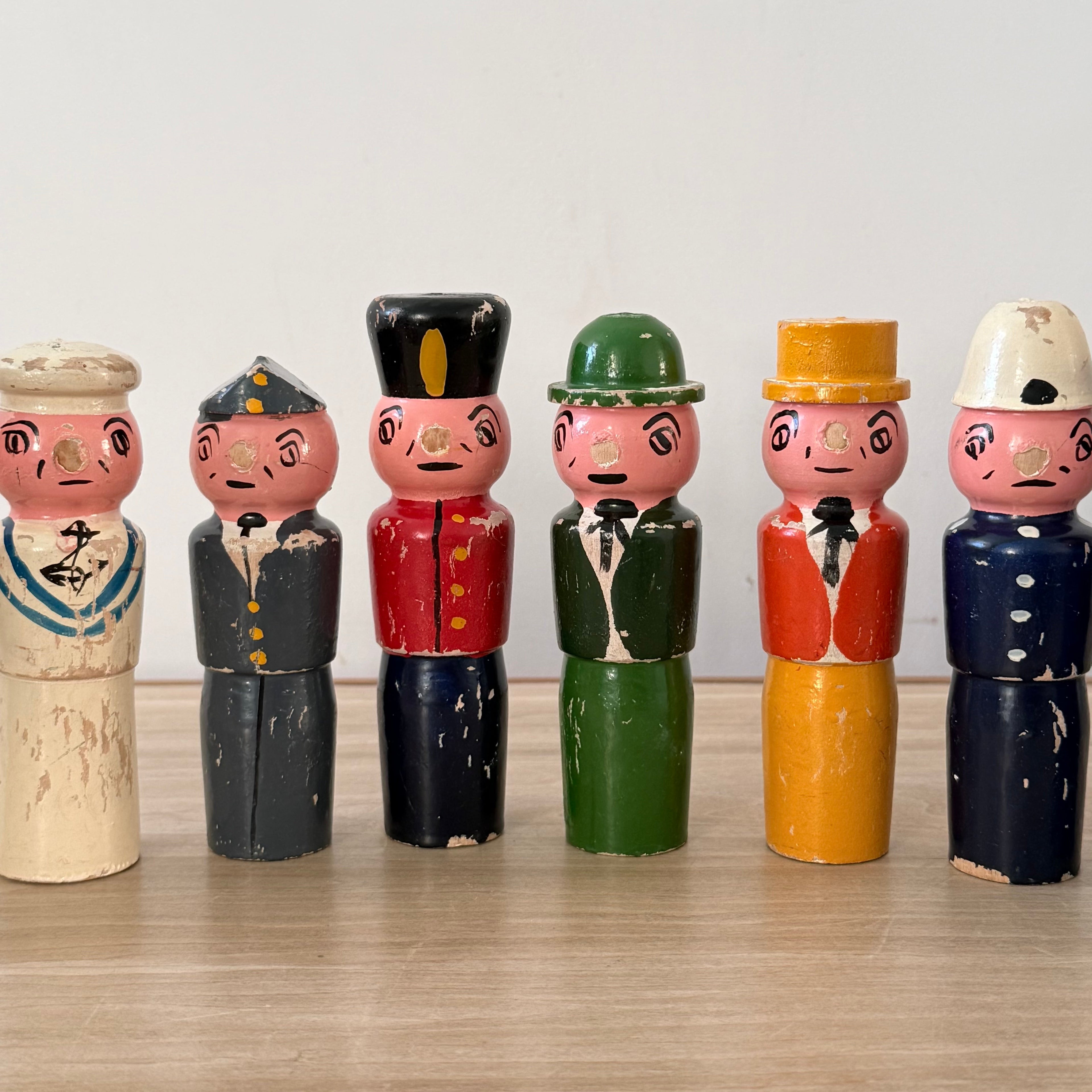 Vintage Wooden Character Skittles Set 10 Pins Hand Painted Figures Ball
