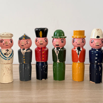 Vintage Wooden Character Skittles Set 10 Pins Hand Painted Figures Ball