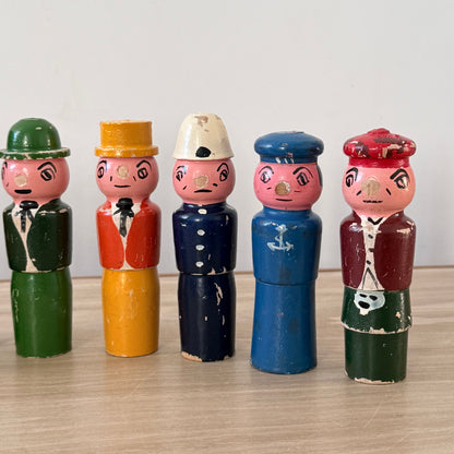Vintage Wooden Character Skittles Set 10 Pins Hand Painted Figures Ball