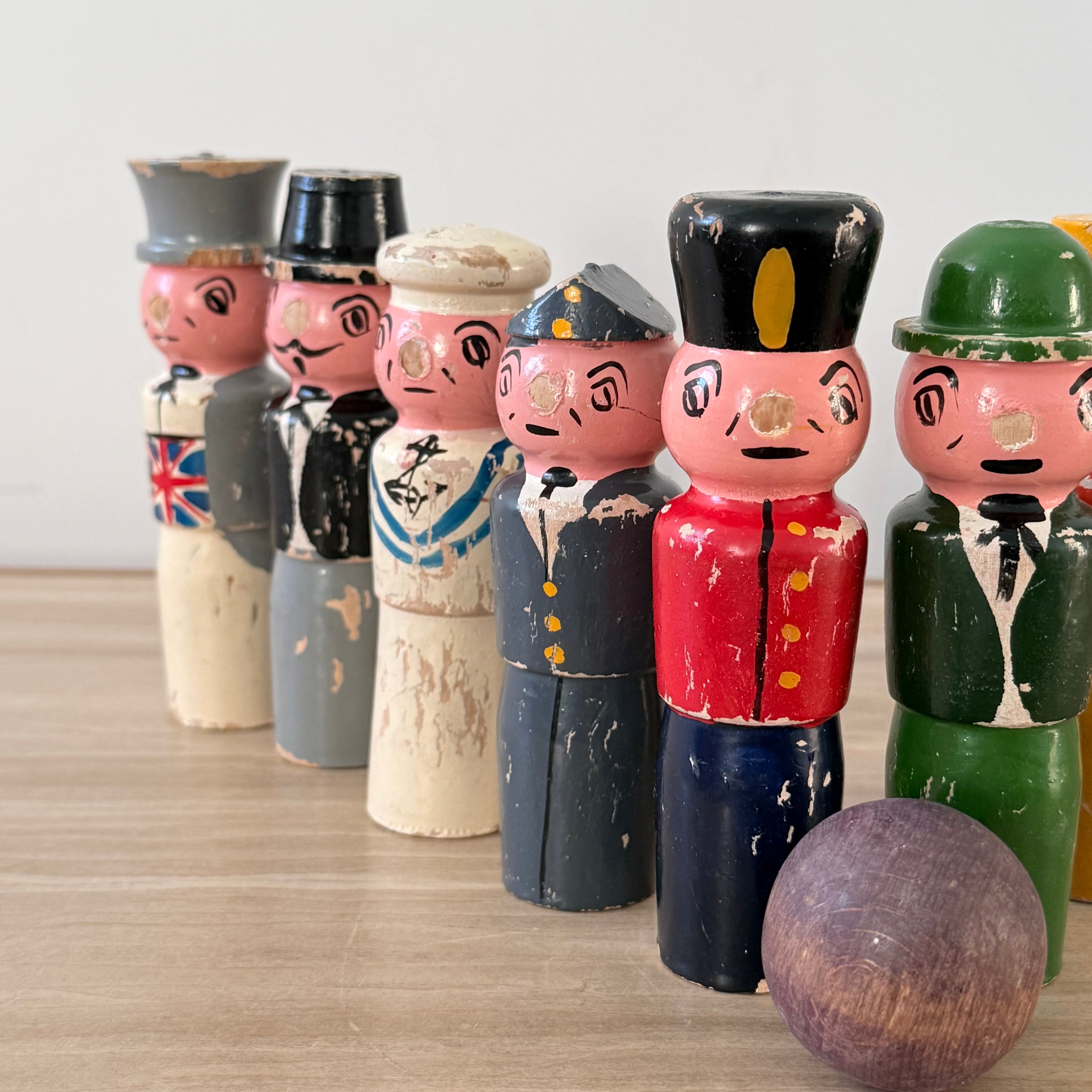 Vintage Wooden Character Skittles Set 10 Pins Hand Painted Figures Ball
