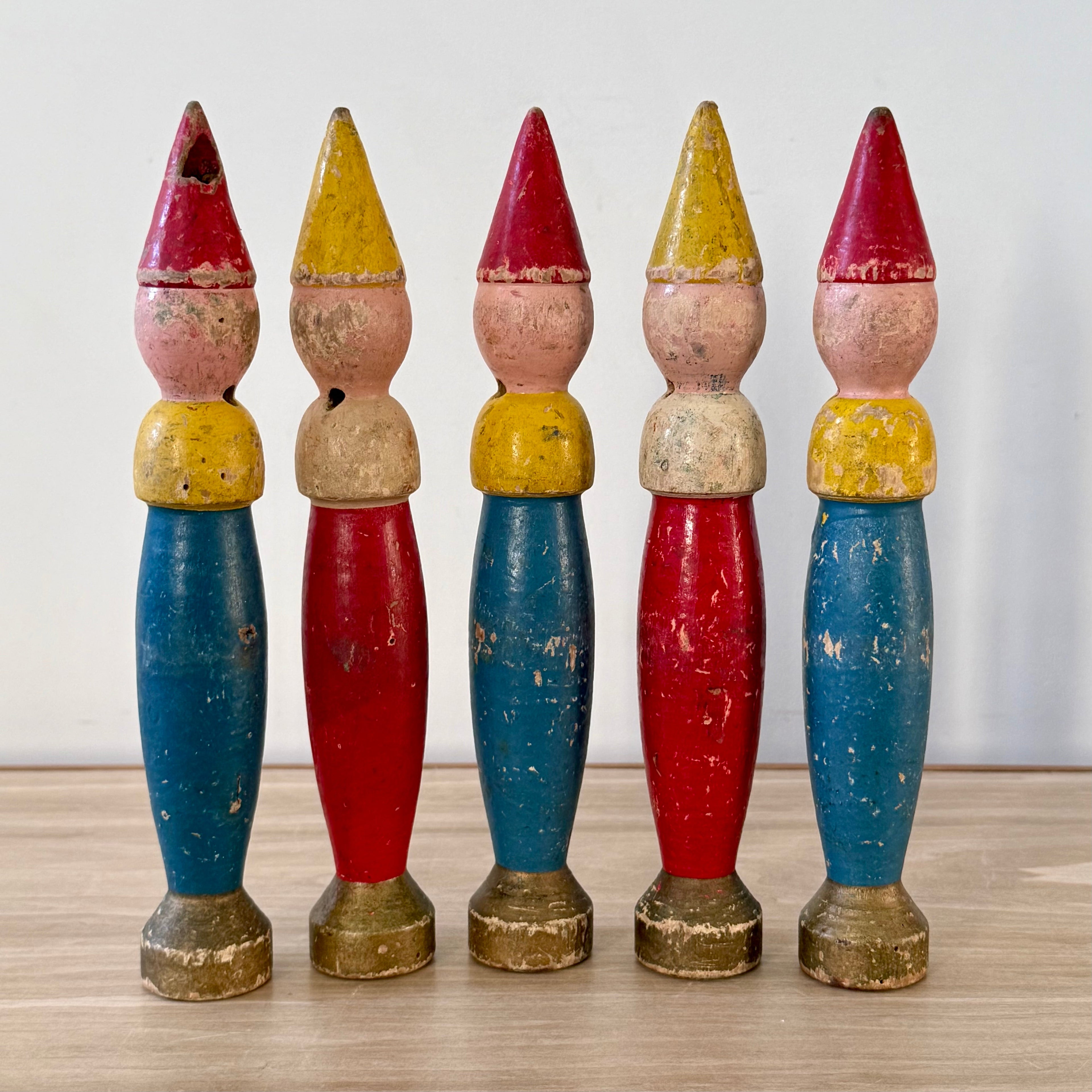 Vintage Wooden Clown Skittles Set Folk Art Fairground Style