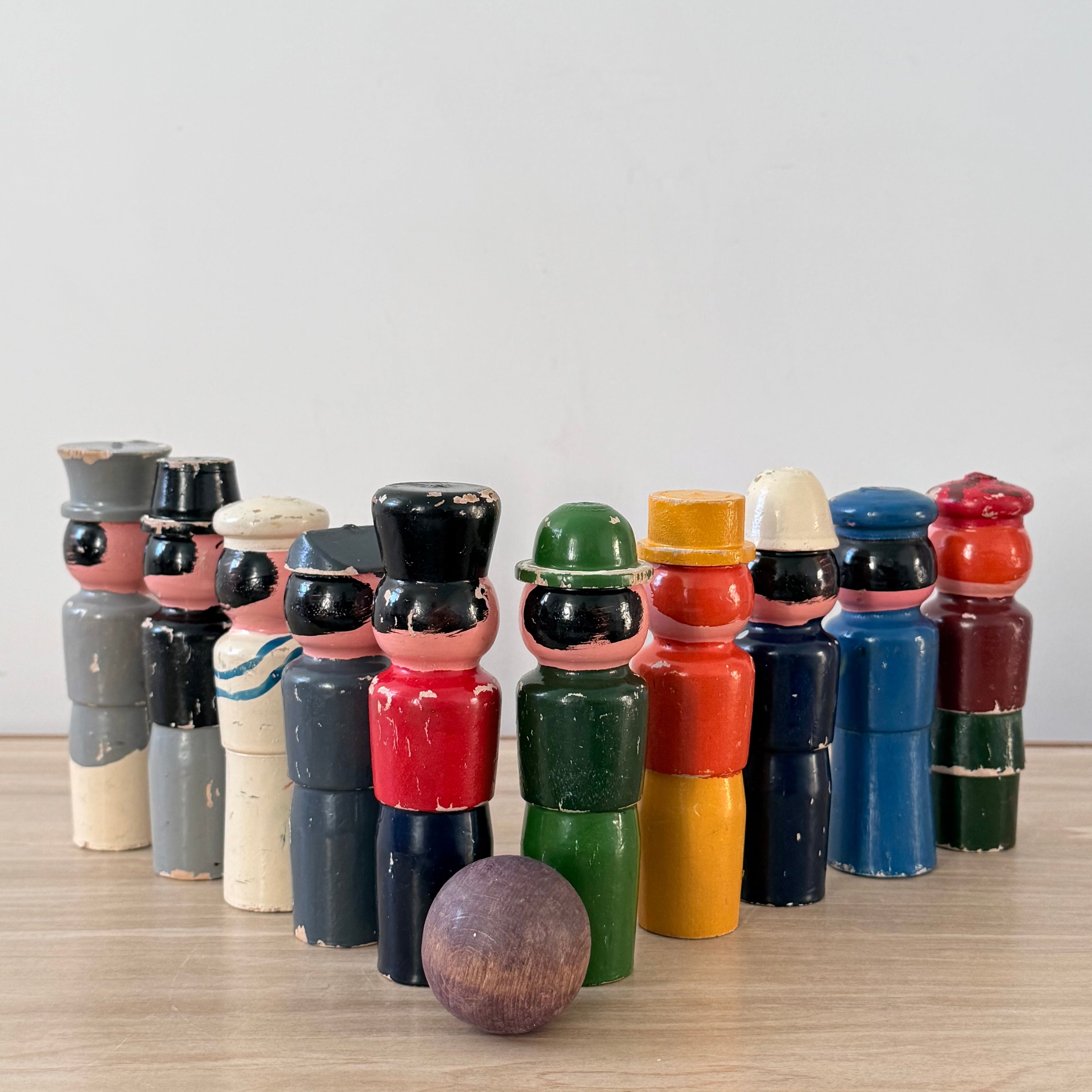 Vintage Wooden Character Skittles Set 10 Pins Hand Painted Figures Ball
