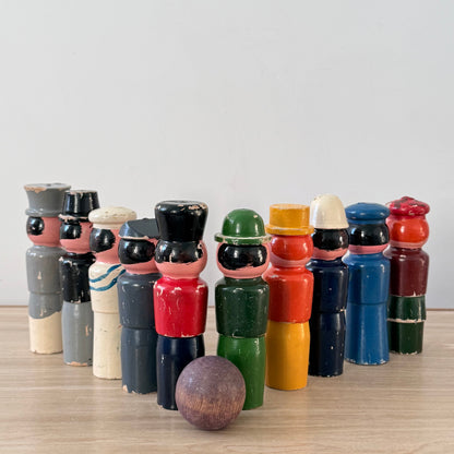 Vintage Wooden Character Skittles Set 10 Pins Hand Painted Figures Ball