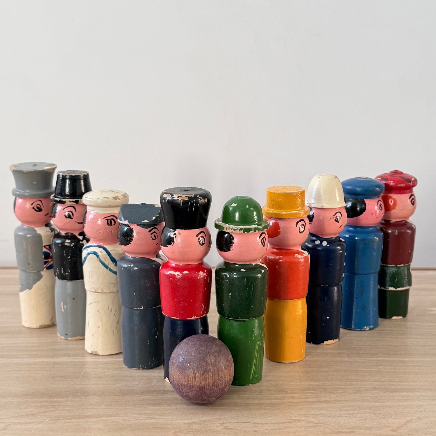 Vintage Wooden Character Skittles Set 10 Pins Hand Painted Figures Ball