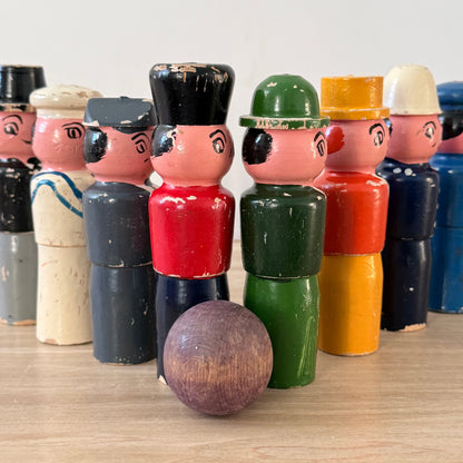 Vintage Wooden Character Skittles Set 10 Pins Hand Painted Figures Ball