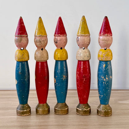 Vintage Wooden Clown Skittles Set Folk Art Fairground Style