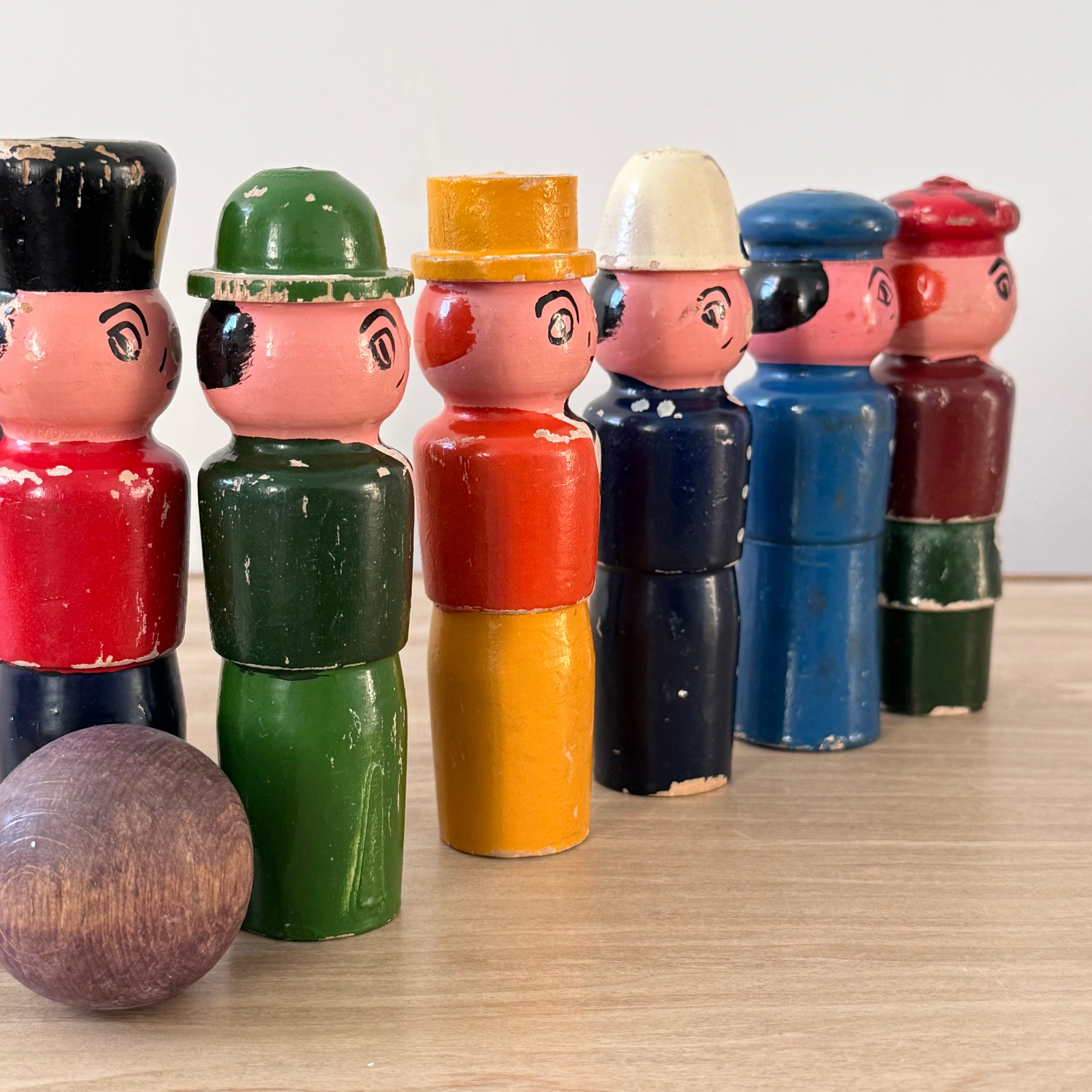 Vintage Wooden Character Skittles Set 10 Pins Hand Painted Figures Ball