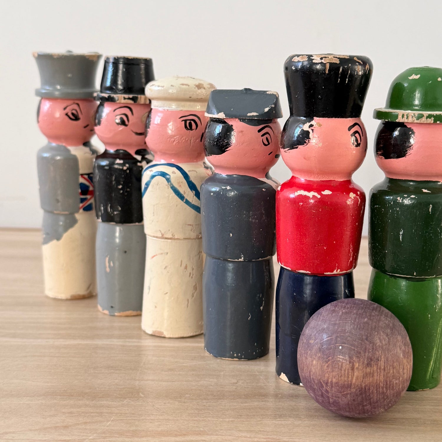 Vintage Wooden Character Skittles Set 10 Pins Hand Painted Figures Ball