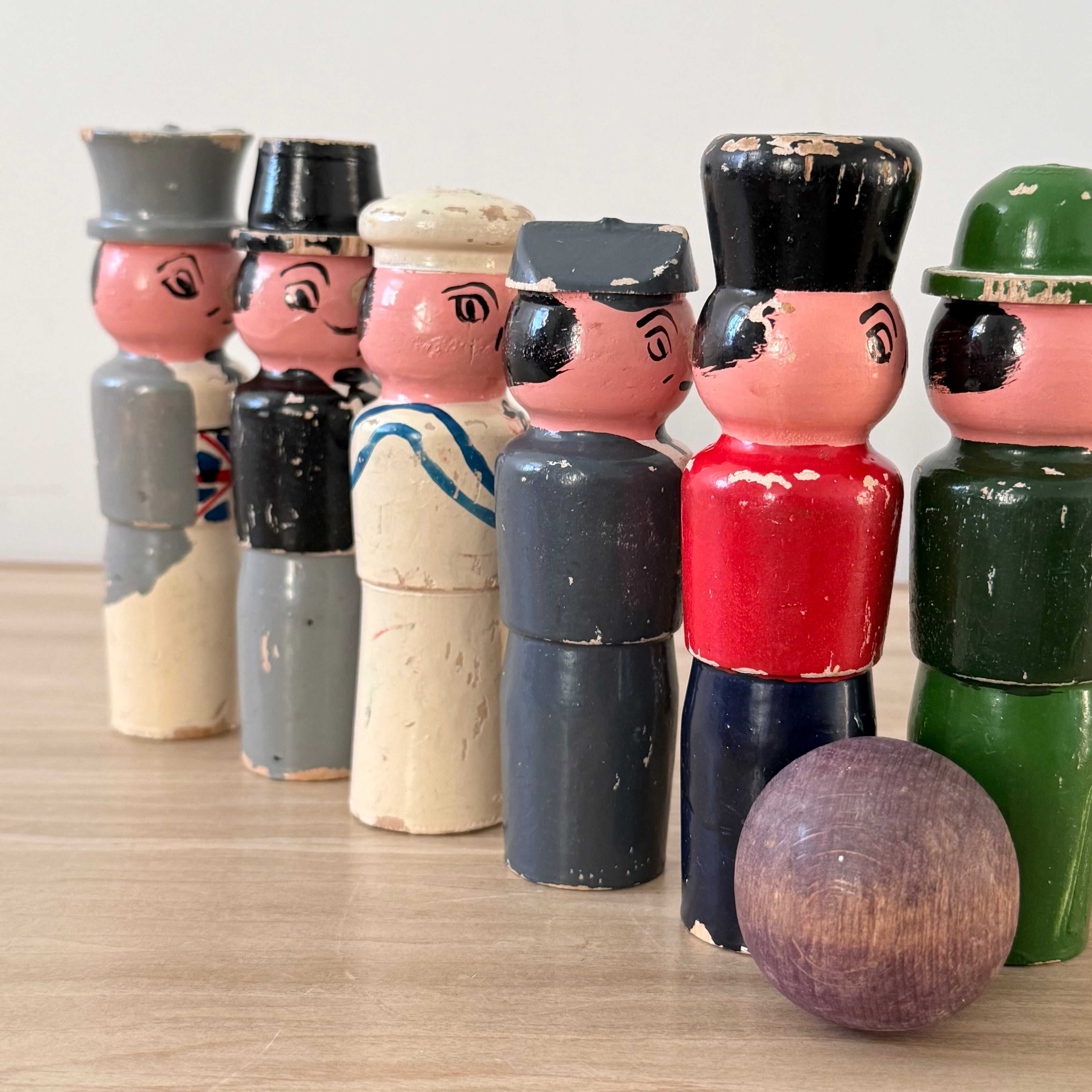 Vintage Wooden Character Skittles Set 10 Pins Hand Painted Figures Ball