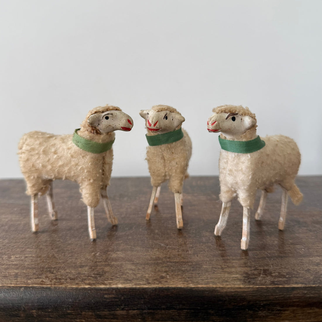 Antique German Putz Sheep Set Wool Covered Nativity Figures c1920