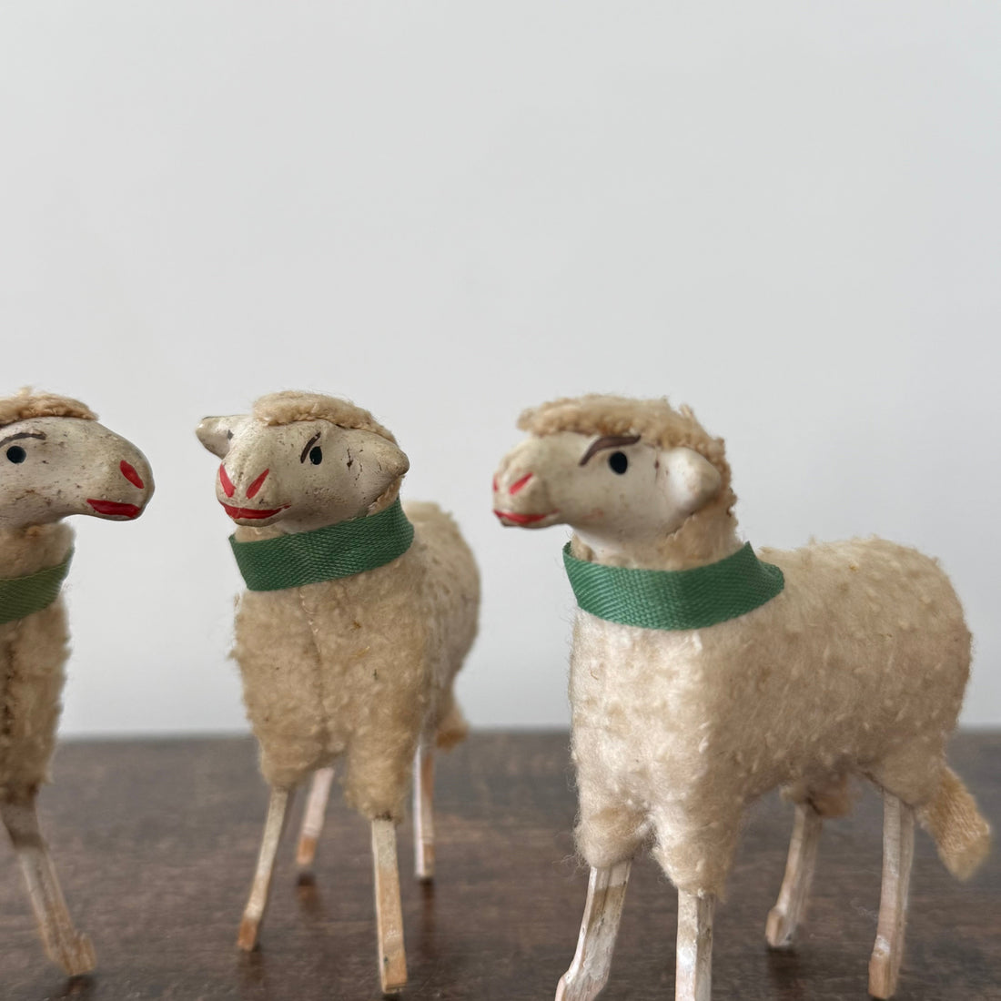 Antique German Putz Sheep Set Wool Covered Nativity Figures c1920