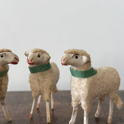 Antique German Putz Sheep Set Wool Covered Nativity Figures c1920