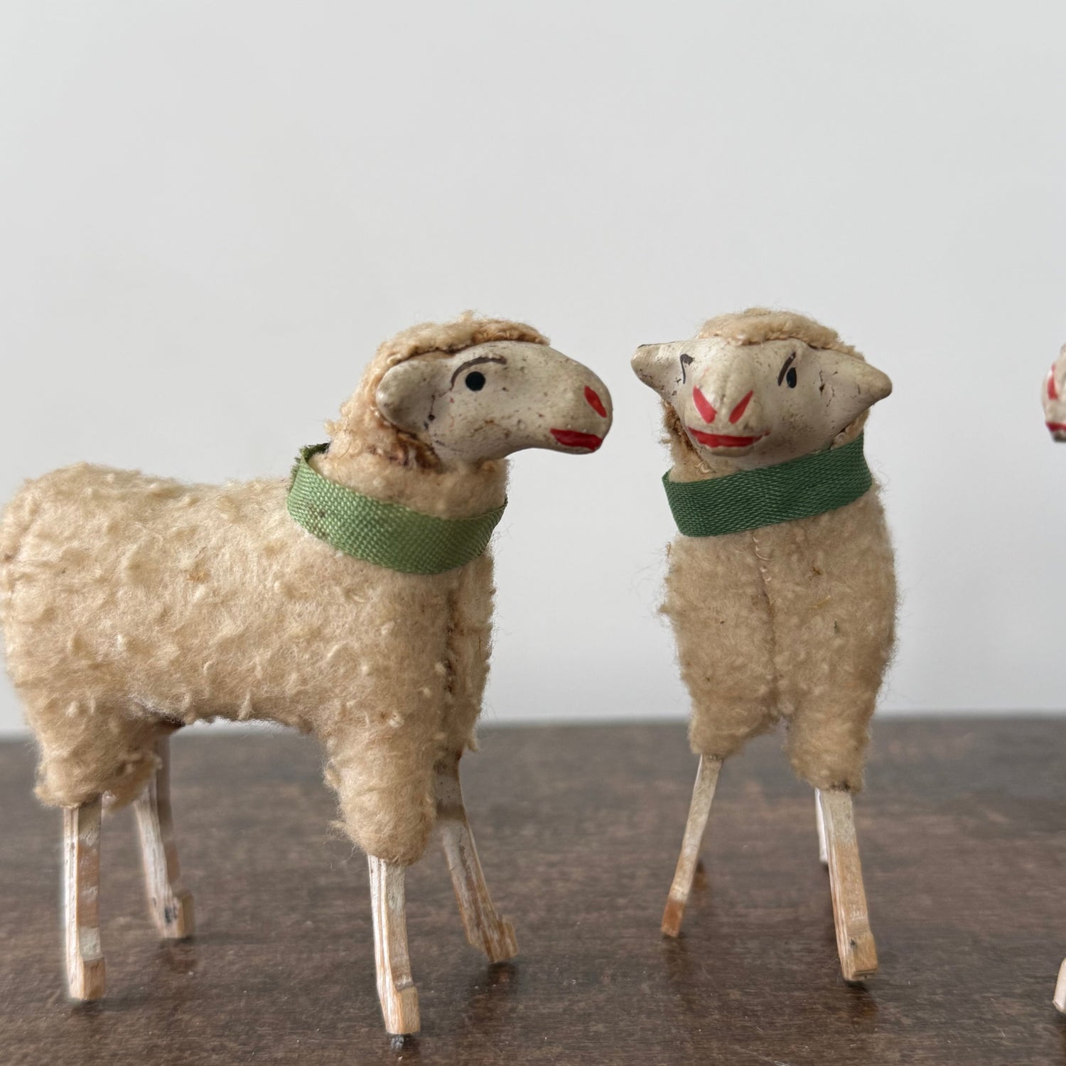Antique German Putz Sheep Set Wool Covered Nativity Figures c1920