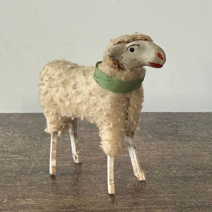 Antique German Putz Sheep Set Wool Covered Nativity Figures c1920