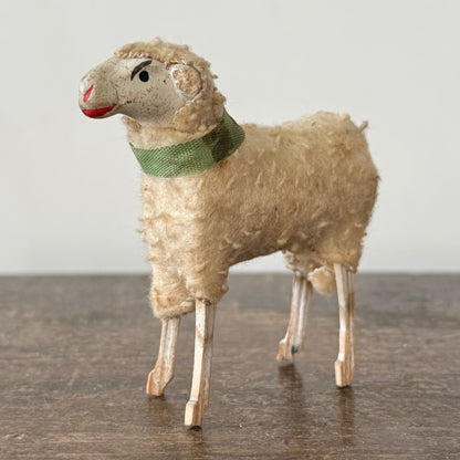 Antique German Putz Sheep Set Wool Covered Nativity Figures c1920