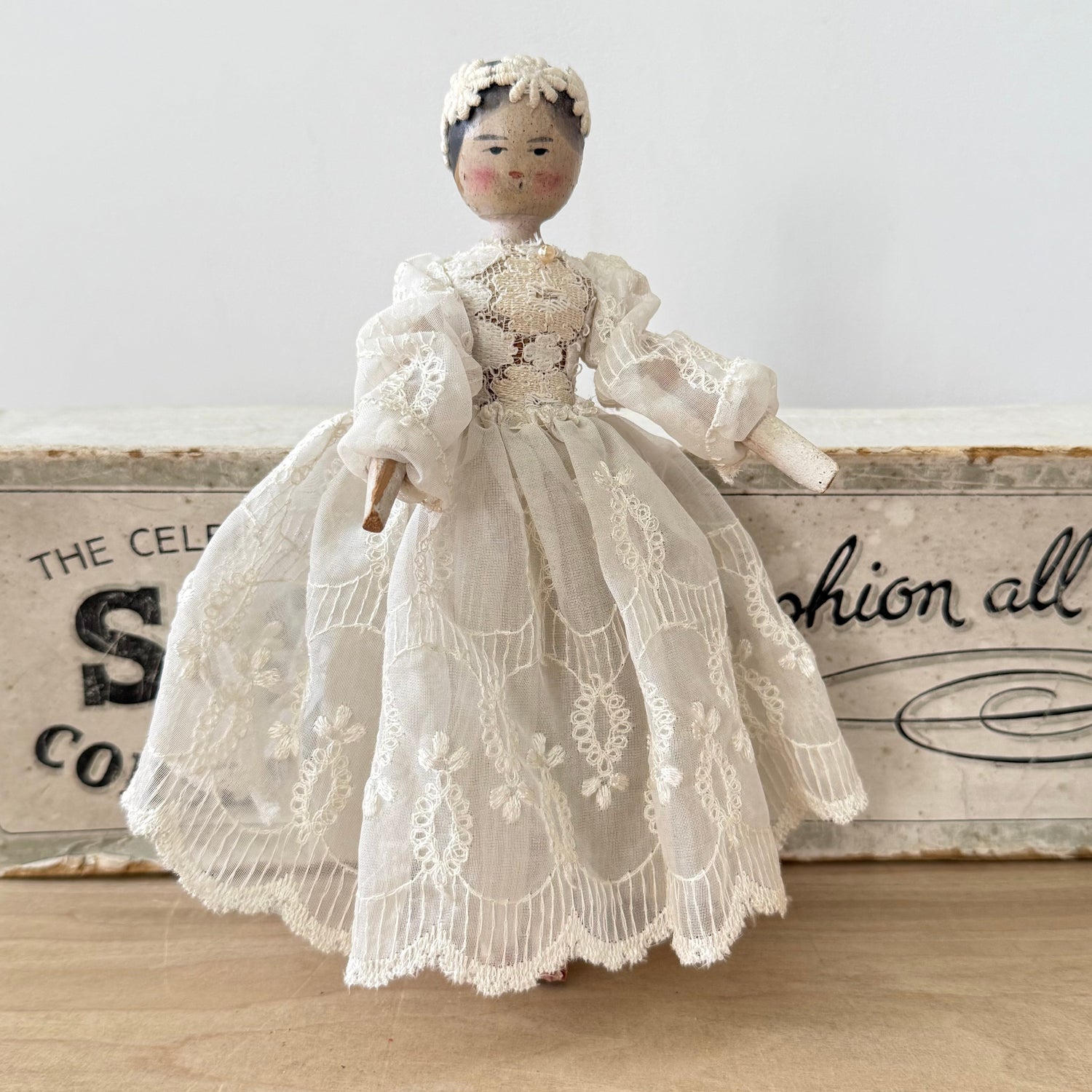 Antique Edwardian Handmade Lace Dress Peg Doll Folk Art c1910