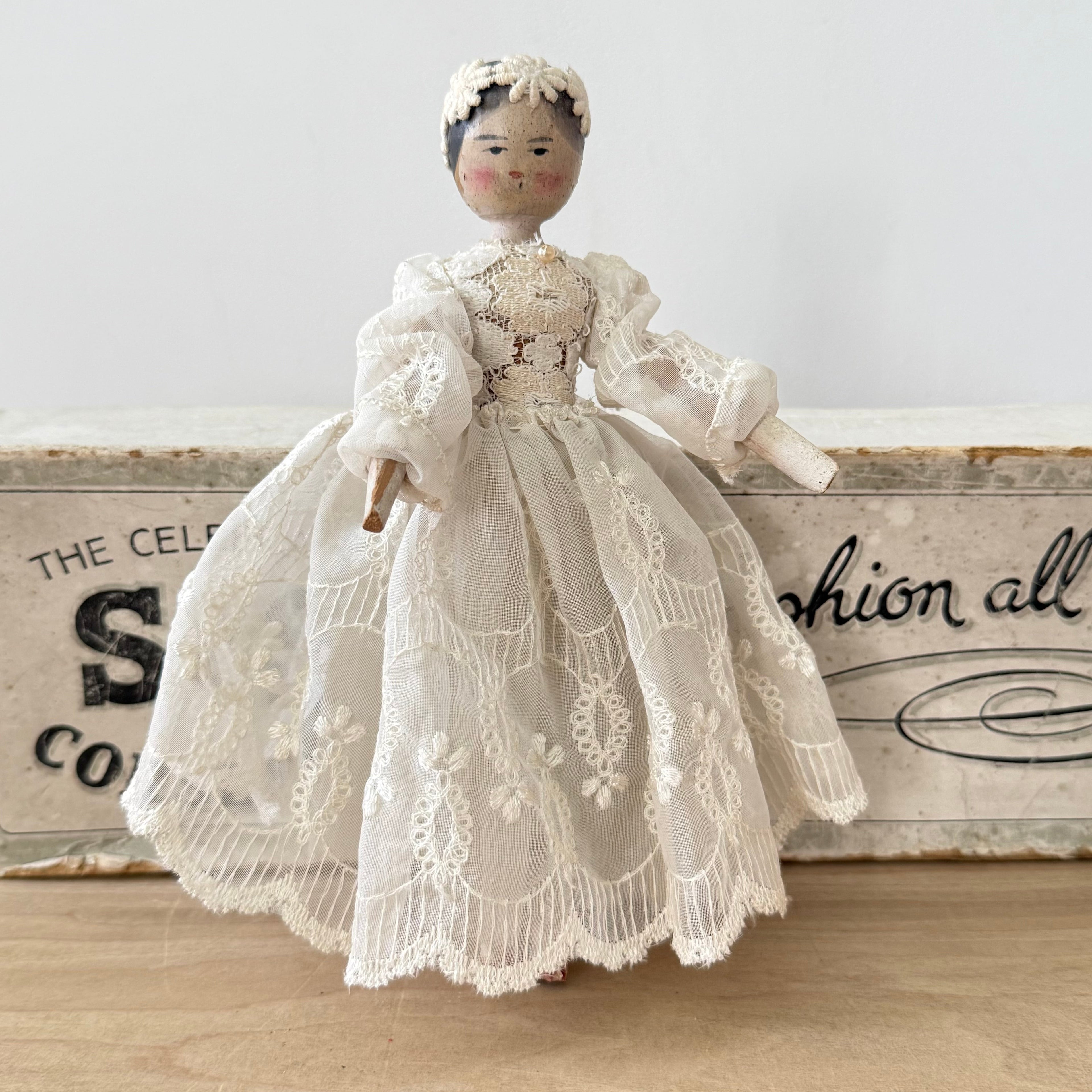 Antique Edwardian Handmade Lace Dress Peg Doll Folk Art c1910