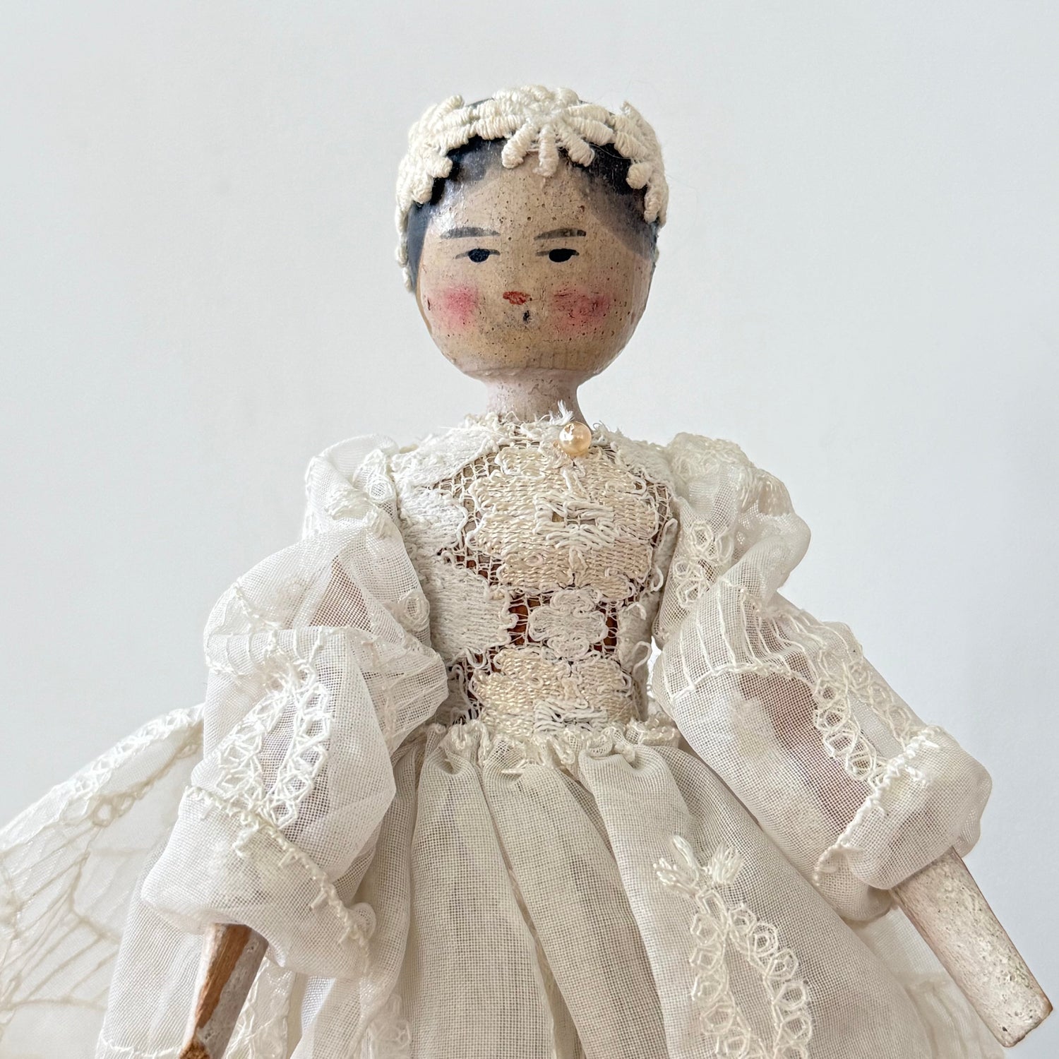 Antique Edwardian Handmade Lace Dress Peg Doll Folk Art c1910