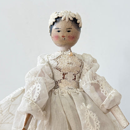 Antique Edwardian Handmade Lace Dress Peg Doll Folk Art c1910