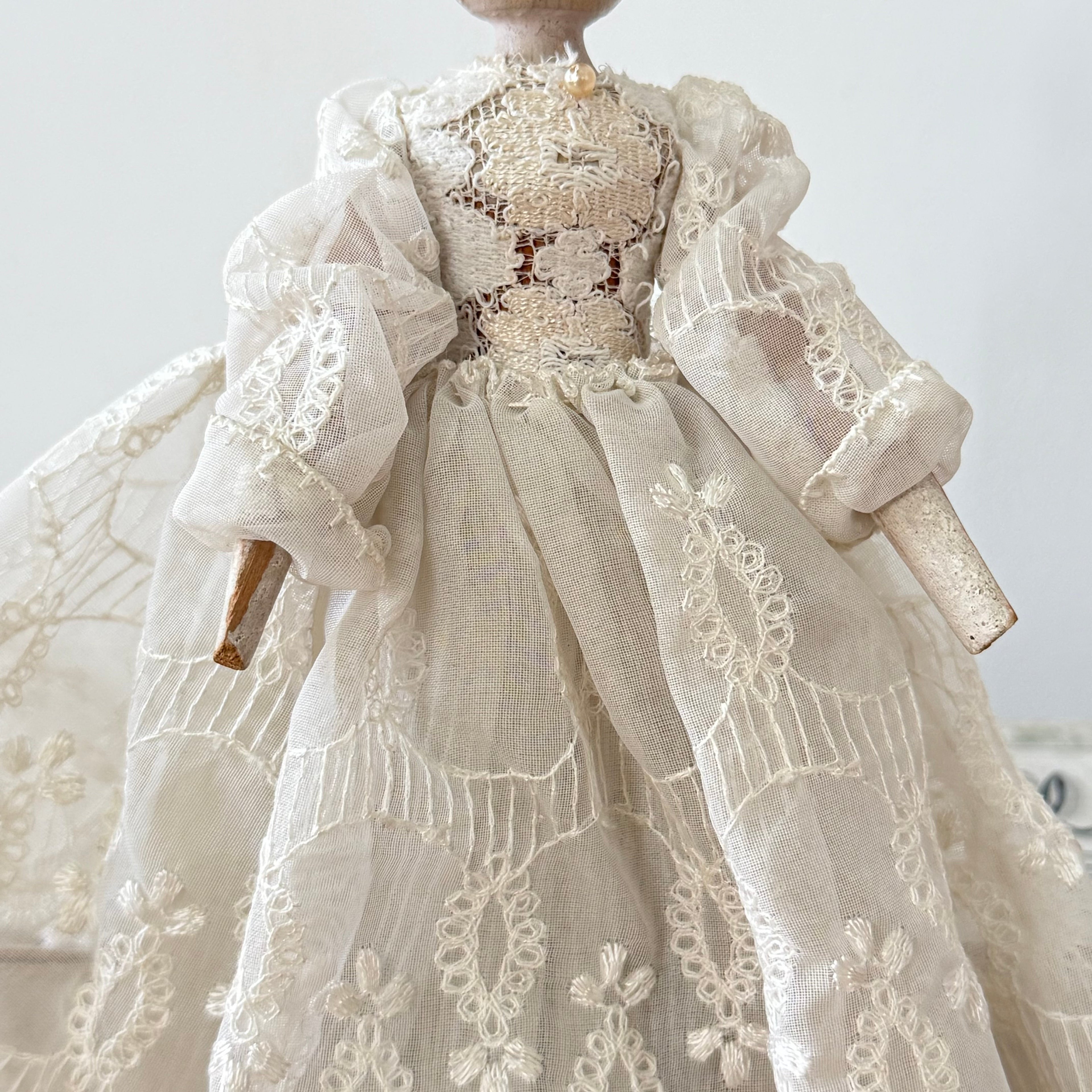 Antique Edwardian Handmade Lace Dress Peg Doll Folk Art c1910
