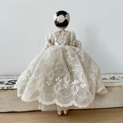 Antique Edwardian Handmade Lace Dress Peg Doll Folk Art c1910