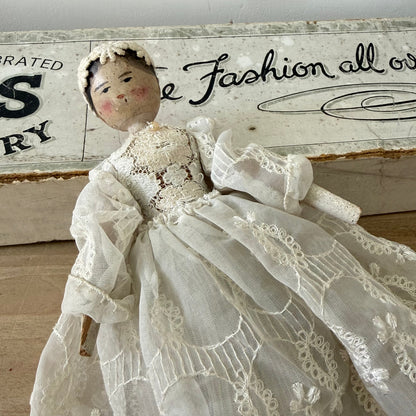 Antique Edwardian Handmade Lace Dress Peg Doll Folk Art c1910