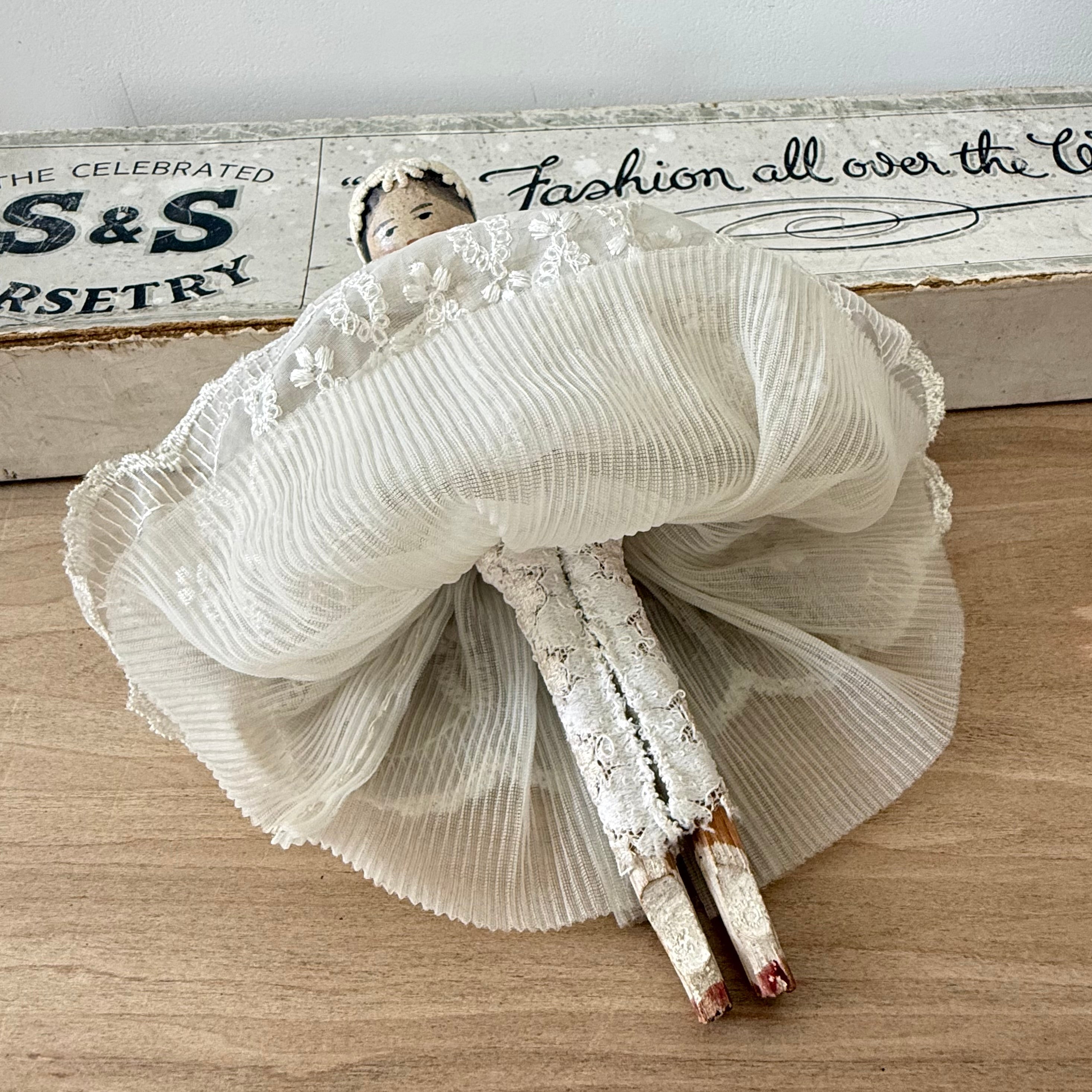Antique Edwardian Handmade Lace Dress Peg Doll Folk Art c1910