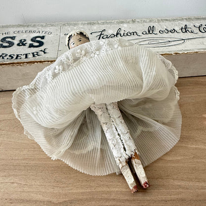 Antique Edwardian Handmade Lace Dress Peg Doll Folk Art c1910