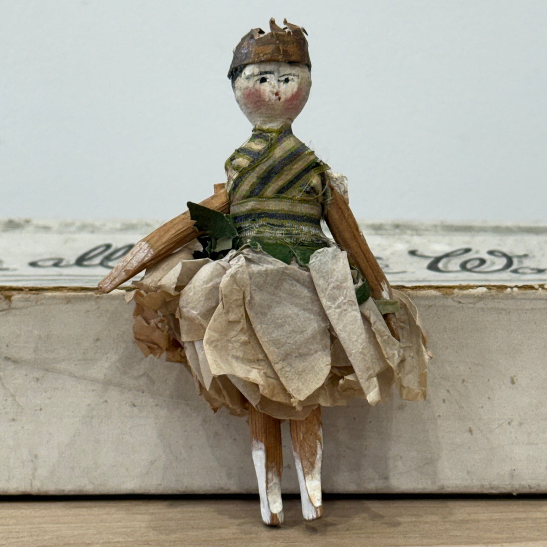 Antique Miniature Peg Doll Paper Dress Folk Art Hand Painted c1920
