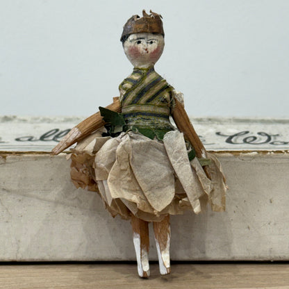Antique Miniature Peg Doll Paper Dress Folk Art Hand Painted c1920