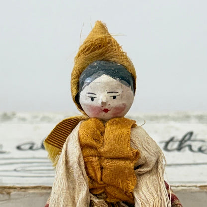 Antique Miniature Wooden Peg Doll Hand Painted Folk Costume c1900