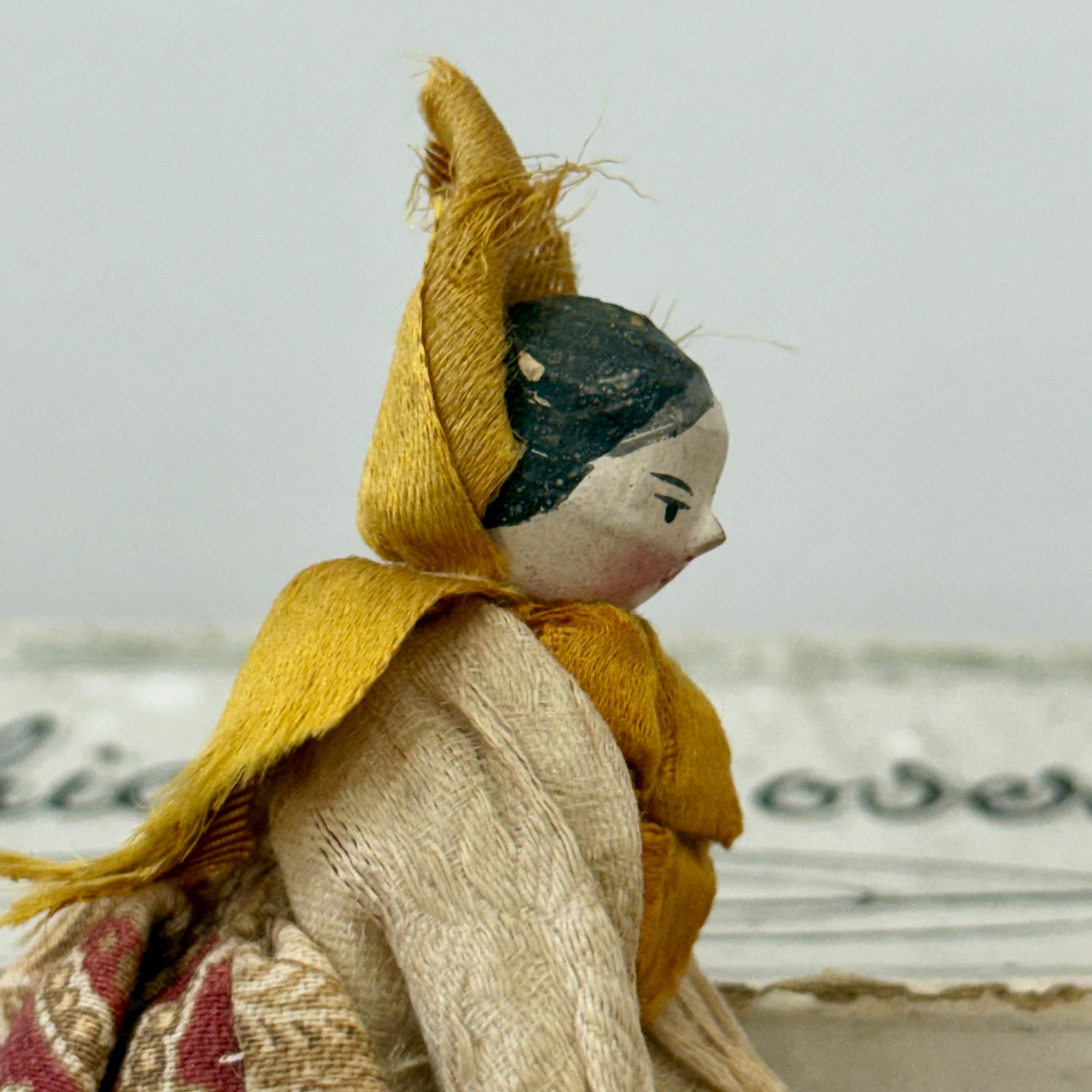 Antique Miniature Wooden Peg Doll Hand Painted Folk Costume c1900