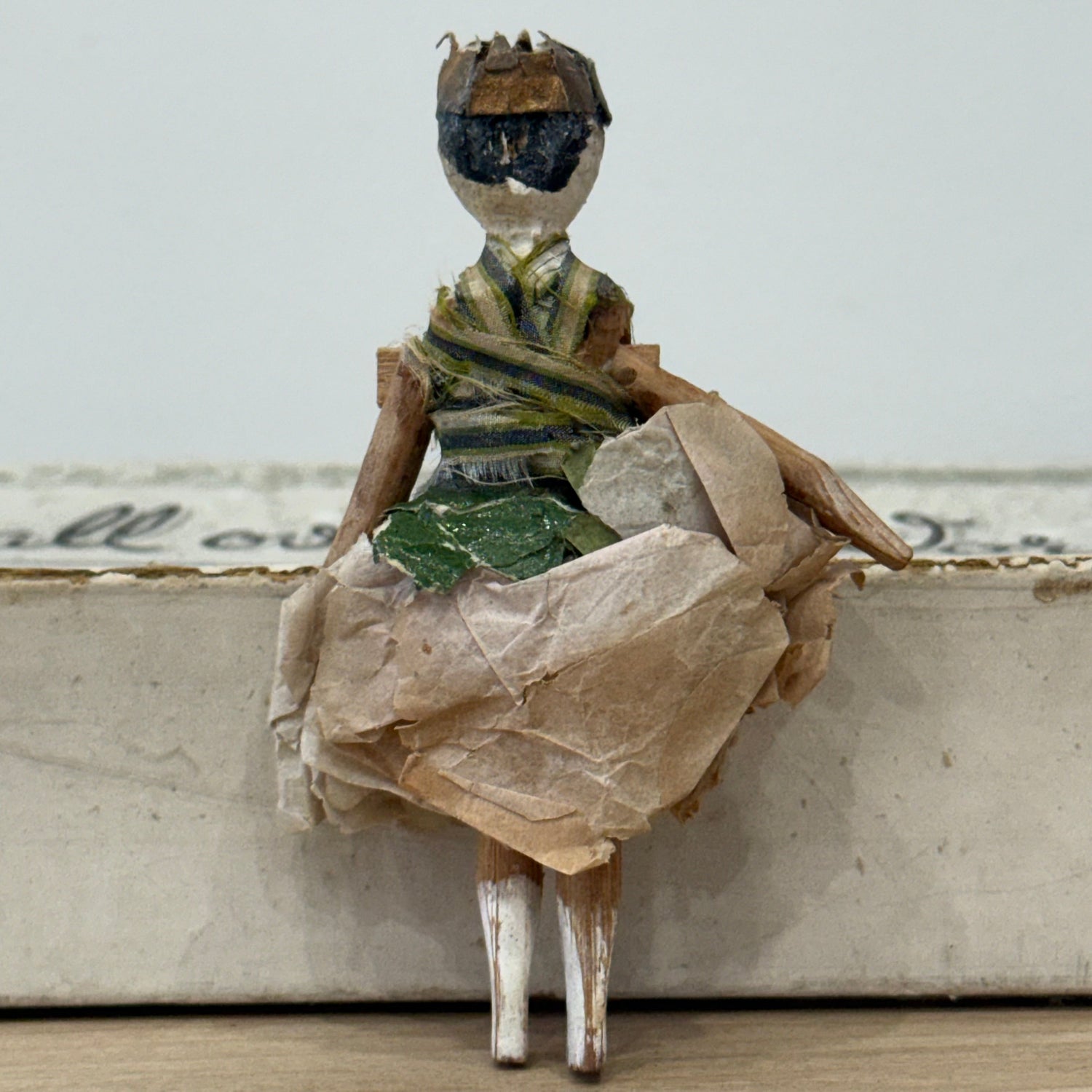 Antique Miniature Peg Doll Paper Dress Folk Art Hand Painted c1920