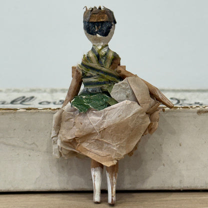 Antique Miniature Peg Doll Paper Dress Folk Art Hand Painted c1920