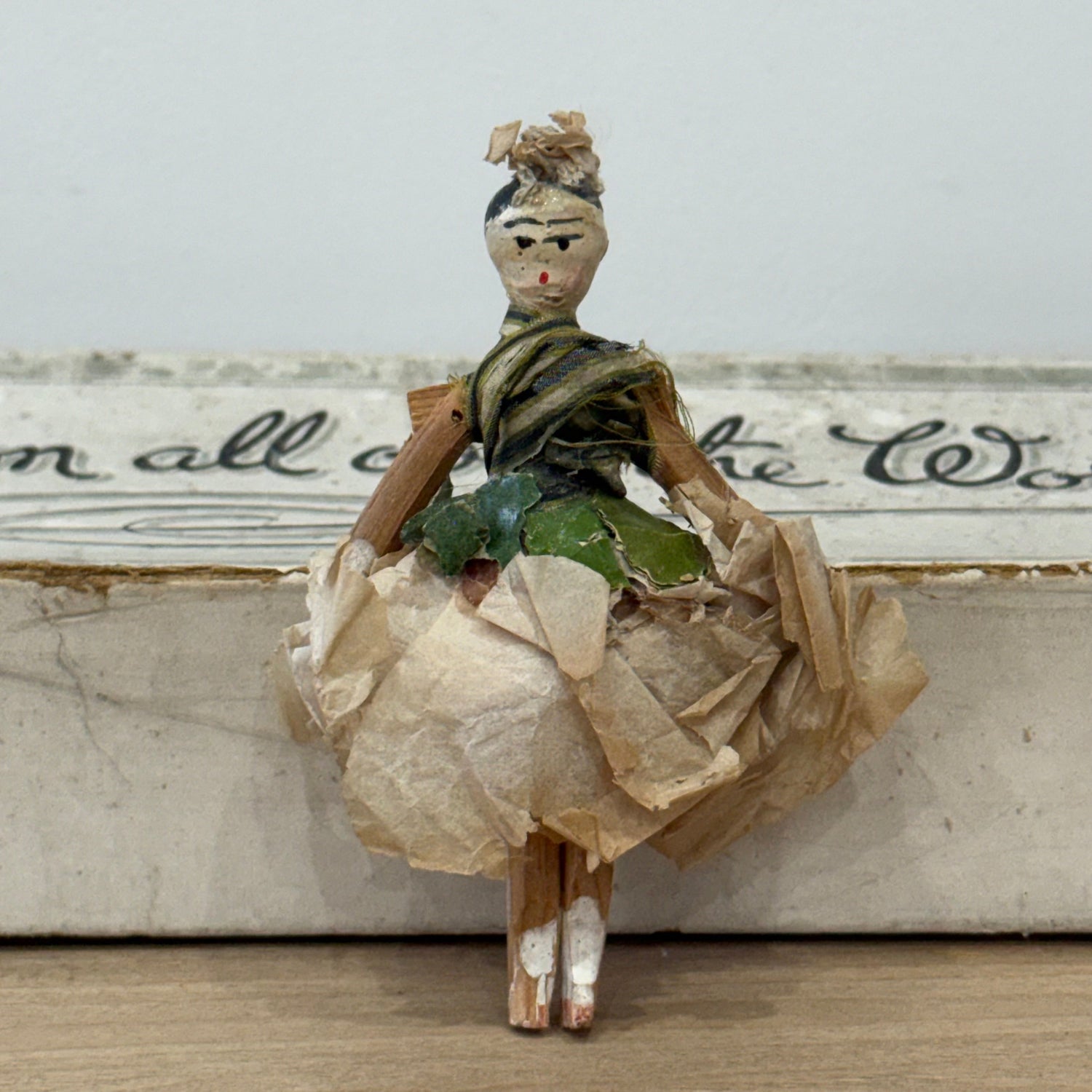 Antique Miniature Peg Doll Paper Dress Folk Art Hand Painted c1920