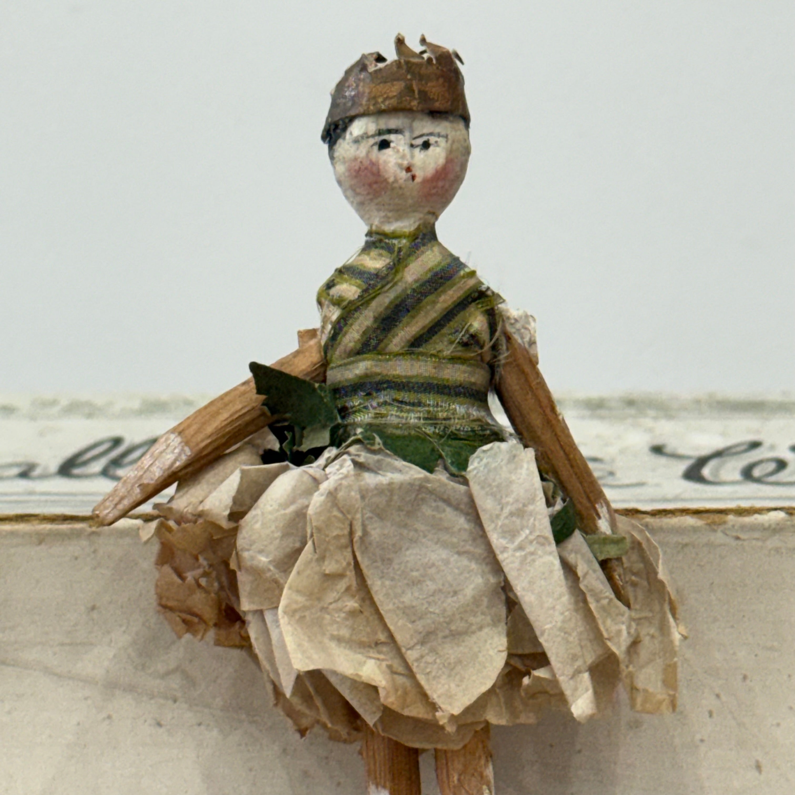 Antique Miniature Peg Doll Paper Dress Folk Art Hand Painted c1920