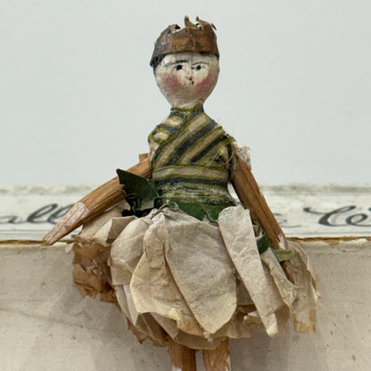 Antique Miniature Peg Doll Paper Dress Folk Art Hand Painted c1920