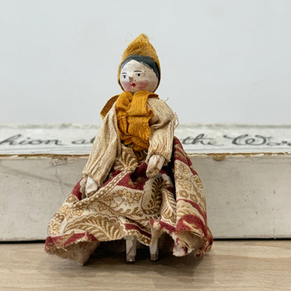 Antique Miniature Wooden Peg Doll Hand Painted Folk Costume c1900