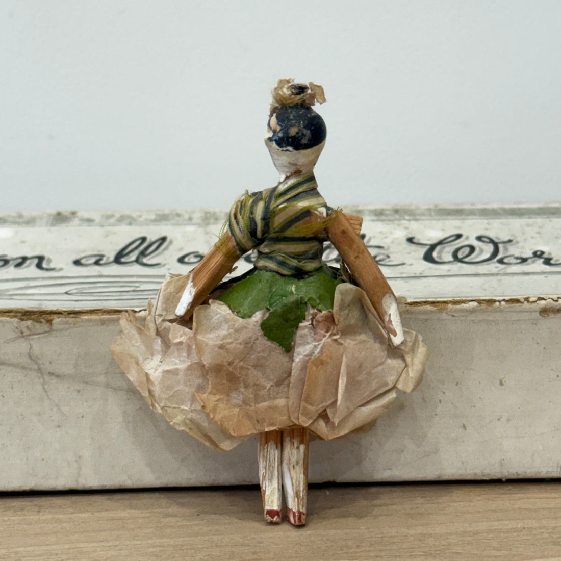 Antique Miniature Peg Doll Paper Dress Folk Art Hand Painted c1920