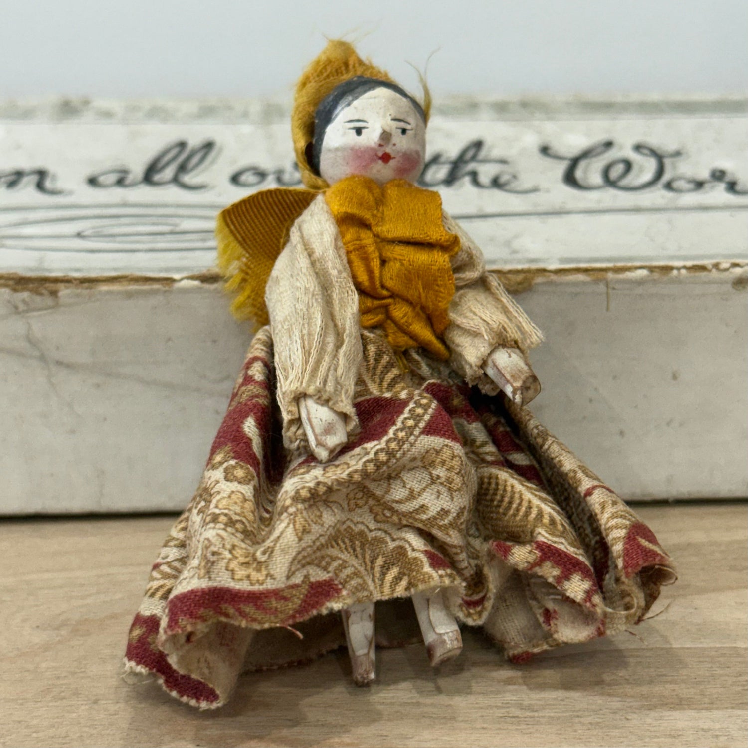 Antique Miniature Wooden Peg Doll Hand Painted Folk Costume c1900