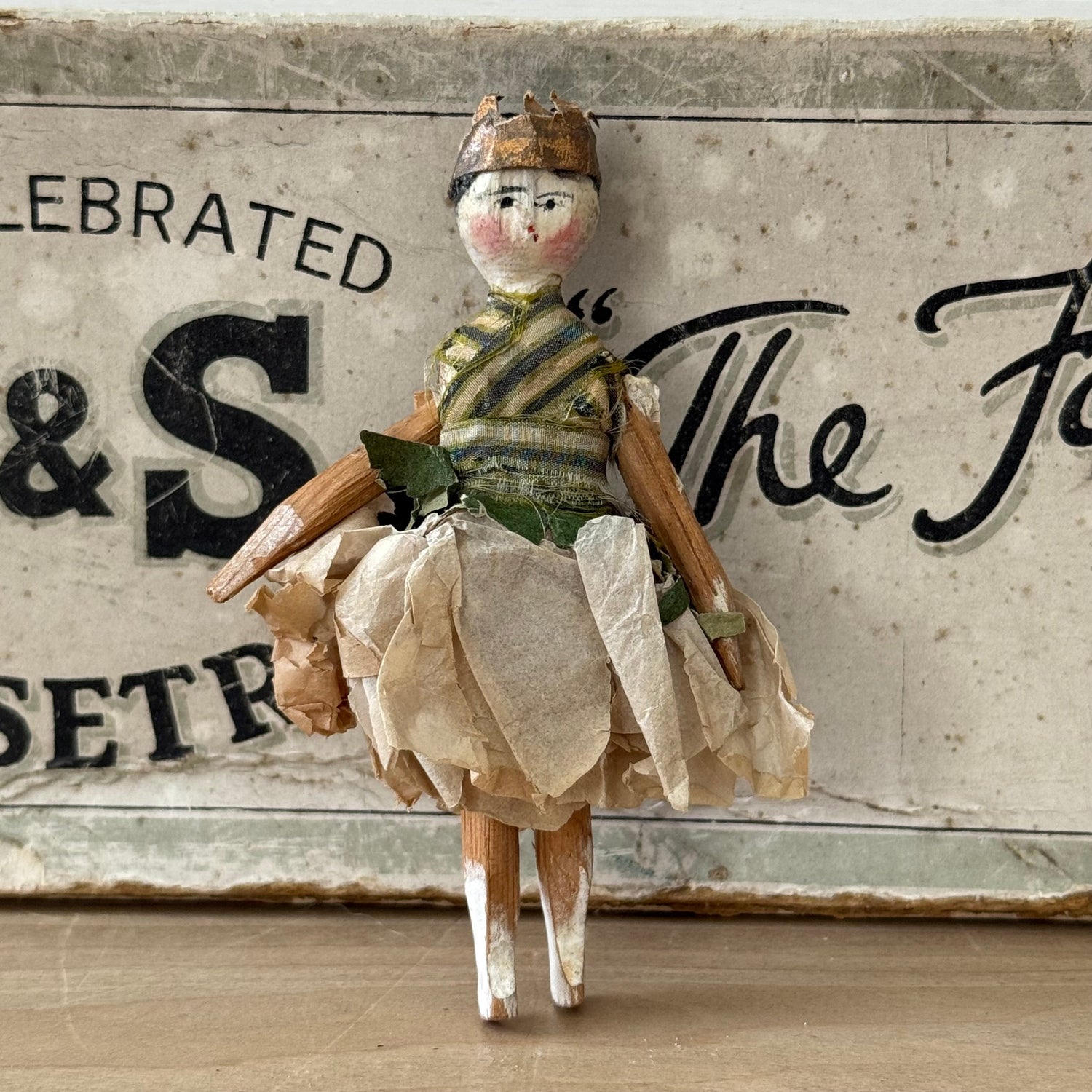 Antique Miniature Peg Doll Paper Dress Folk Art Hand Painted c1920