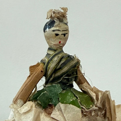 Antique Miniature Peg Doll Paper Dress Folk Art Hand Painted c1920
