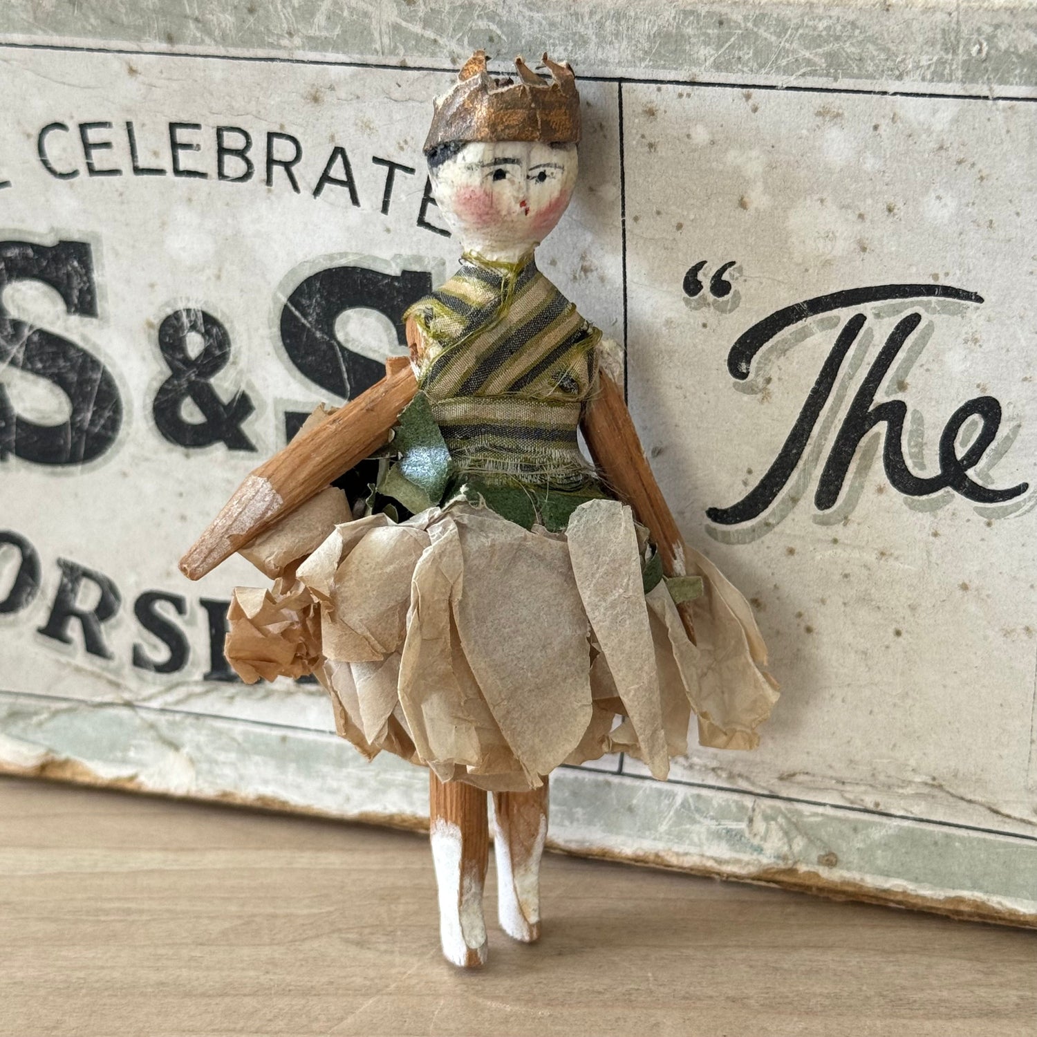 Antique Miniature Peg Doll Paper Dress Folk Art Hand Painted c1920
