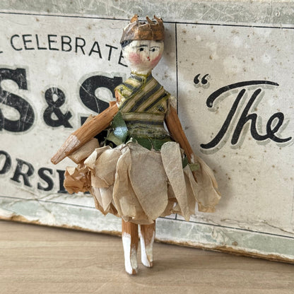 Antique Miniature Peg Doll Paper Dress Folk Art Hand Painted c1920