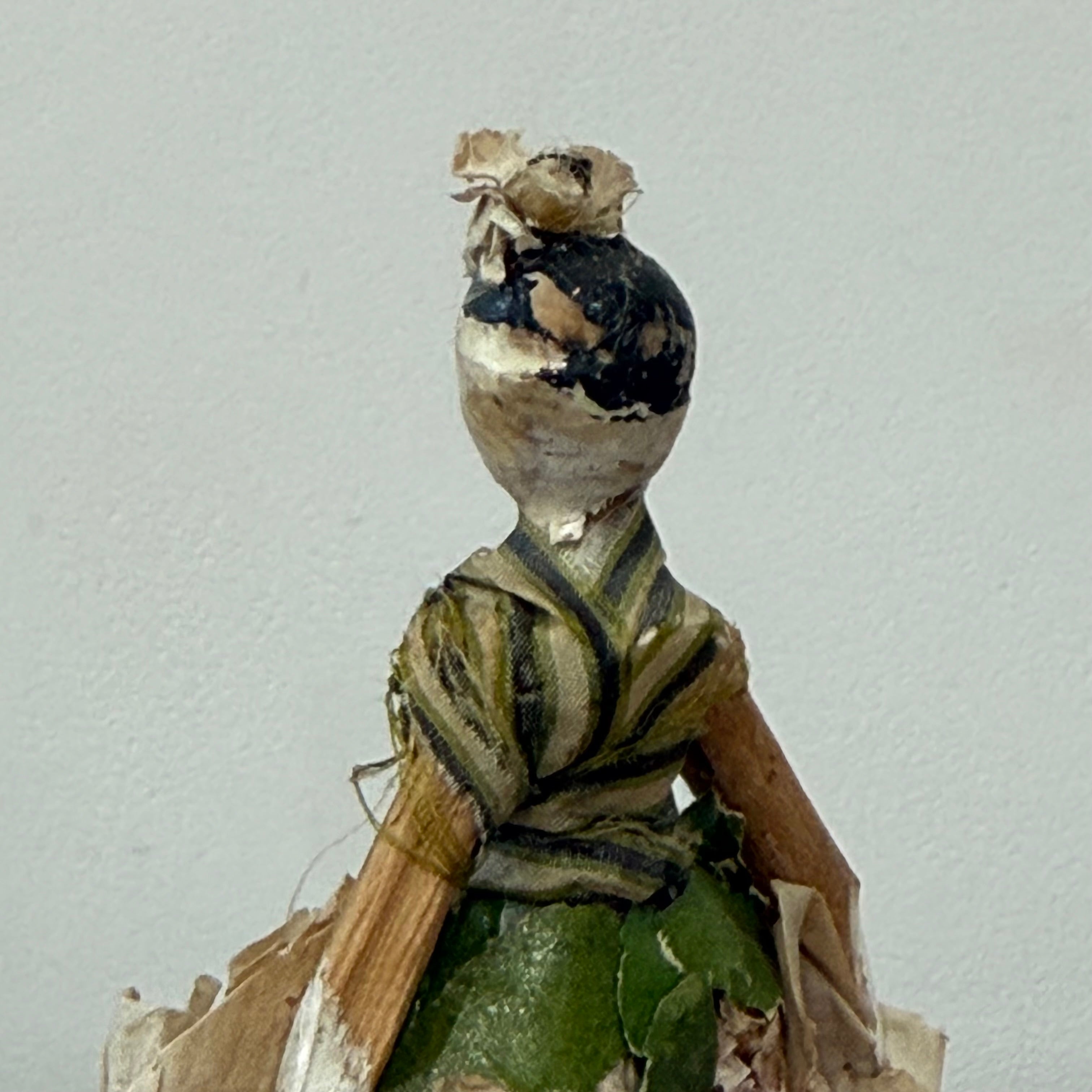 Antique Miniature Peg Doll Paper Dress Folk Art Hand Painted c1920