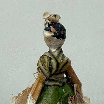 Antique Miniature Peg Doll Paper Dress Folk Art Hand Painted c1920