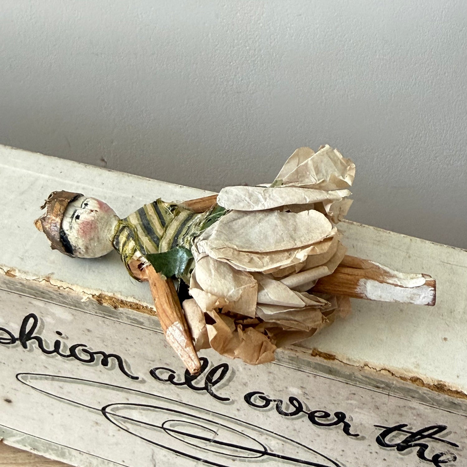 Antique Miniature Peg Doll Paper Dress Folk Art Hand Painted c1920