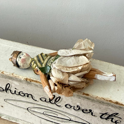 Antique Miniature Peg Doll Paper Dress Folk Art Hand Painted c1920